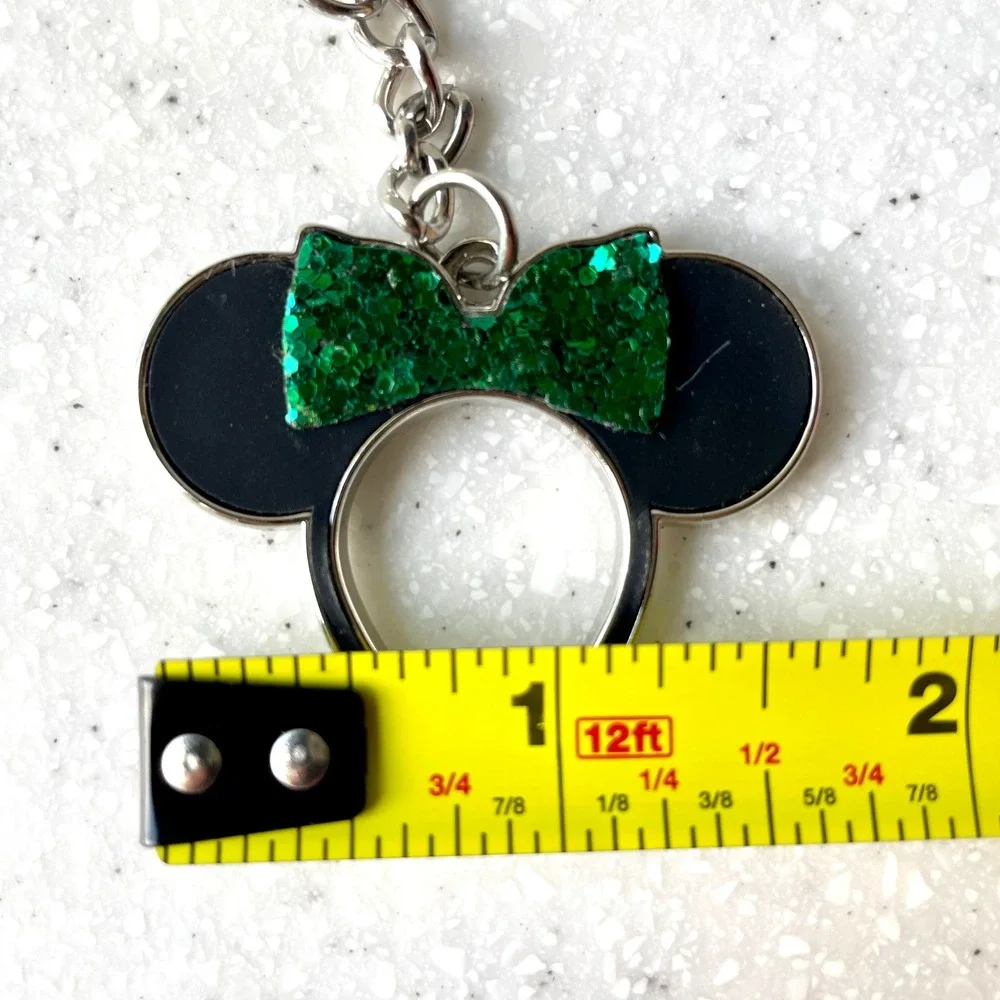 Disney Minnie Mouse Ear Headband Keychain Green Glitter Bow Black Enamel Silver